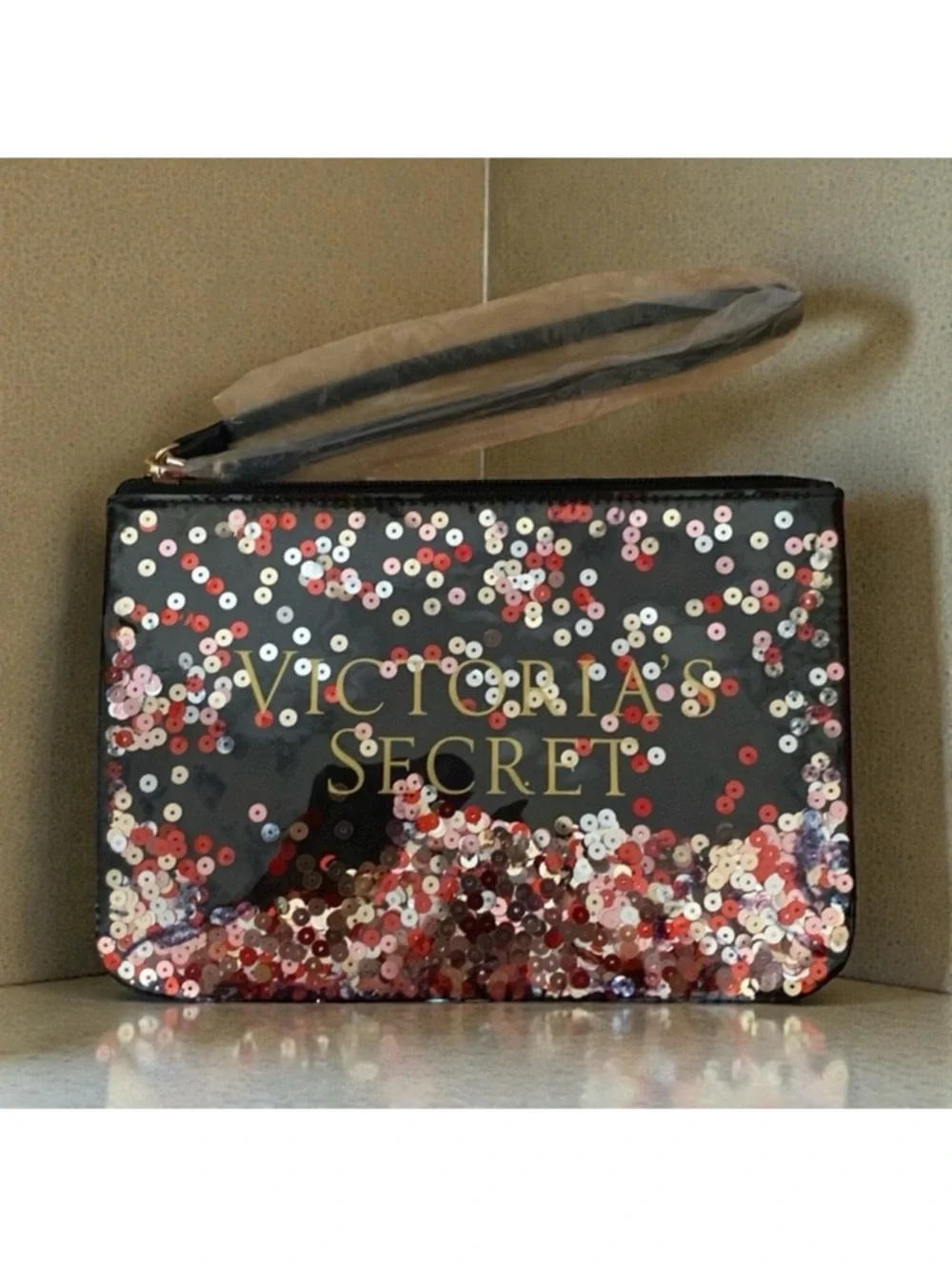 Victoria's Secret Sequined / Black Canvas Logo Toted& Wristlet/NWT